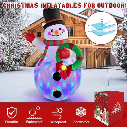 Danxilu 6 FT Christmas Inflatable Snowman with Colorful Rotating Led Lights Outdoor Yard Decorations, Blow up Snowman with Wreath and Cheerful Waving Xmas Decor for Garden Lawn Porch Holiday Party