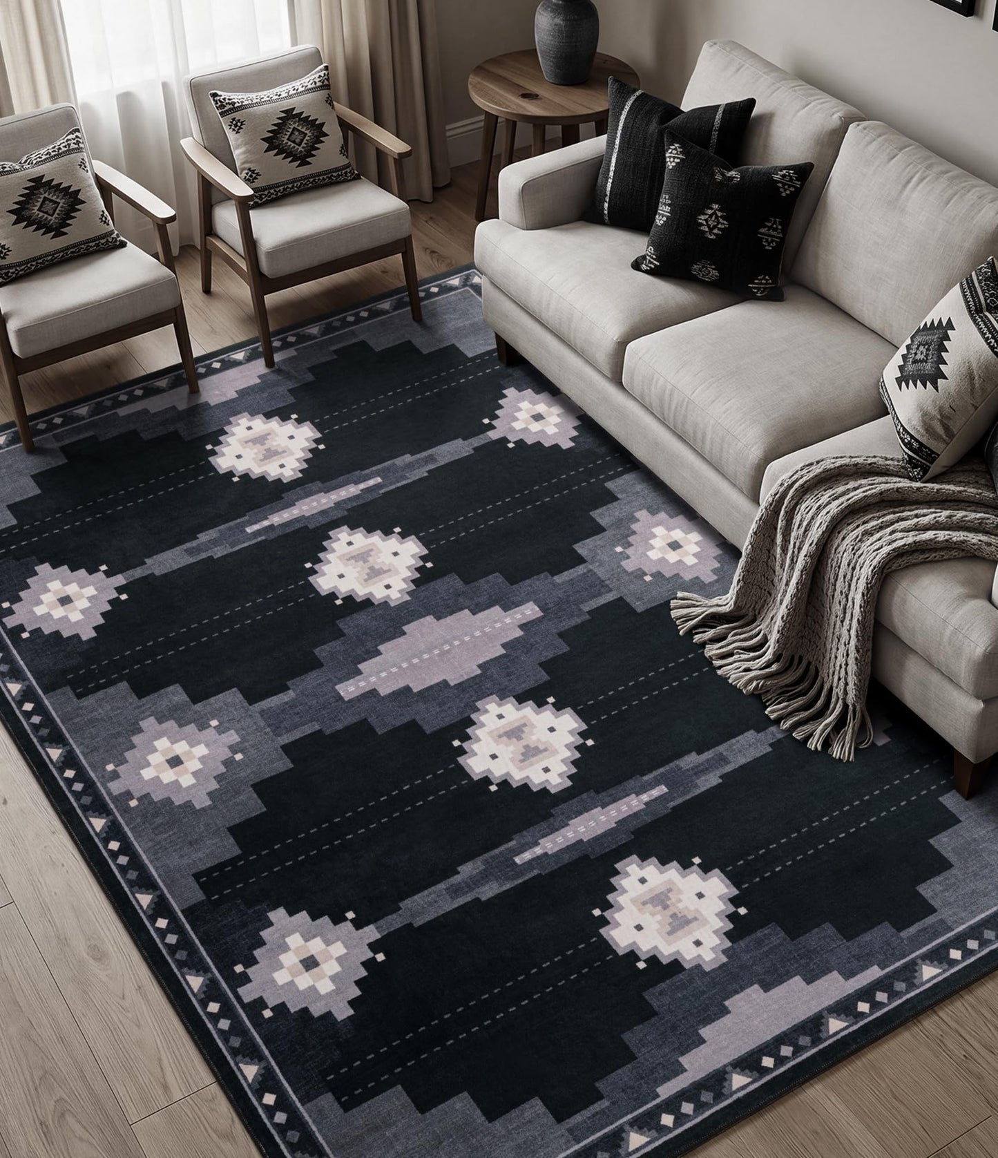 5'x7' Washable Area Rug for Living Room, Black and Grey Western Aztec Rug