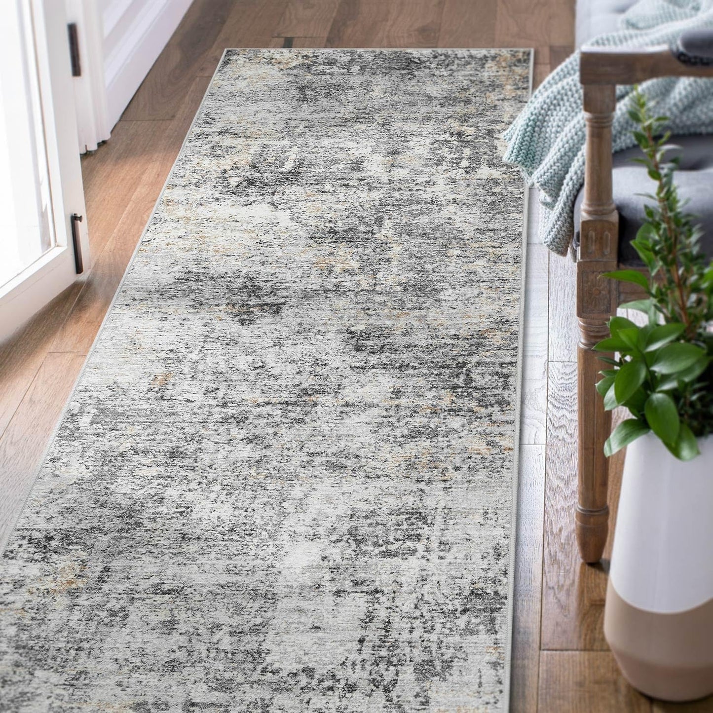 jinchan Runner Rug 2x6 Washable Modern Rug Abstract Hallway Runner Grey Multi Print Overdyed Indoor Mat Contemporary Lightweight Non-Slip Thin Carpet for Kitchen Laundry Bedroom Living Room