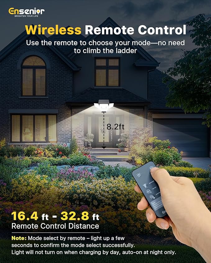 Ensenior Solar Lights Outdoor, IP65 Waterproof Motion Sensor Outdoor Light with Remote Control, 279 LED 4 Heads Solar Security Light with 4 Mode, 270° Wide Angle Solar Flood Light for Outside, 2 Packs