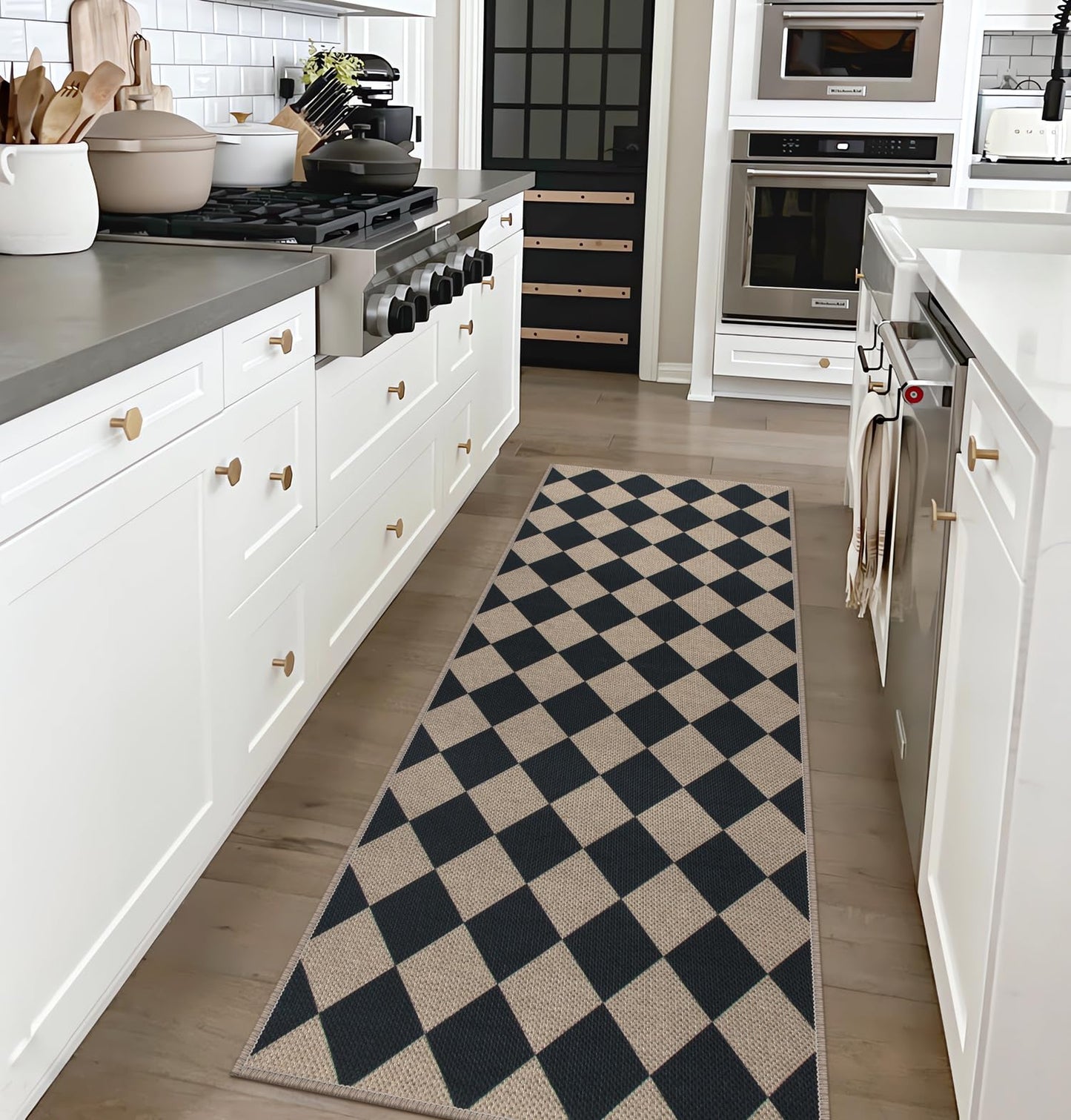 Rugalia Easy Jute Checkered Runner Rug, 2x6 Black Modern Washable Rugs Runner for Hallway Non-Slip Long Kitchen Rug, Geometric Diamond Indoor Outdoor Carpet for Porch Laundry Entryway