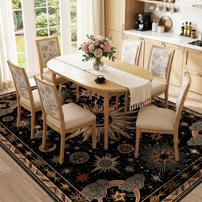 meejou 8x10 Area Rugs, Washable Vacuum-Friendly Non-Slip Rug Vintage Boho Gothic Sun and Moon Printed Pattern Low Pile Carpet for Living Room Bedroom Dining Room Hallway Entryway,Black Gold Beige Red