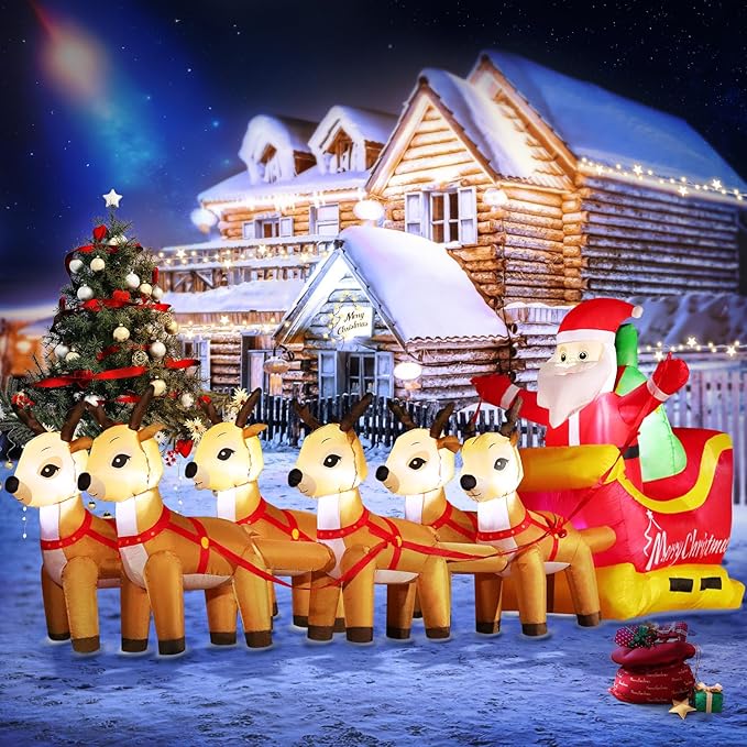 DomKom 13.6 FT Christmas Inflatable Outdoor Santa Claus on Sleigh with Six Reindeer, Building LED Lights, Blow Up Yard Decoration for Party Garden Lawn Winter Decor