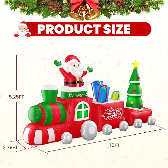 10 FT Deluxe Christmas Inflatables Train with Santa Claus, Gift Box, Christmas Tress, Built-in LED Lights, Blow Up Lovely Train Carriage for Christmas Party Holiday, Outdoor Garden Lawn Yard Decor