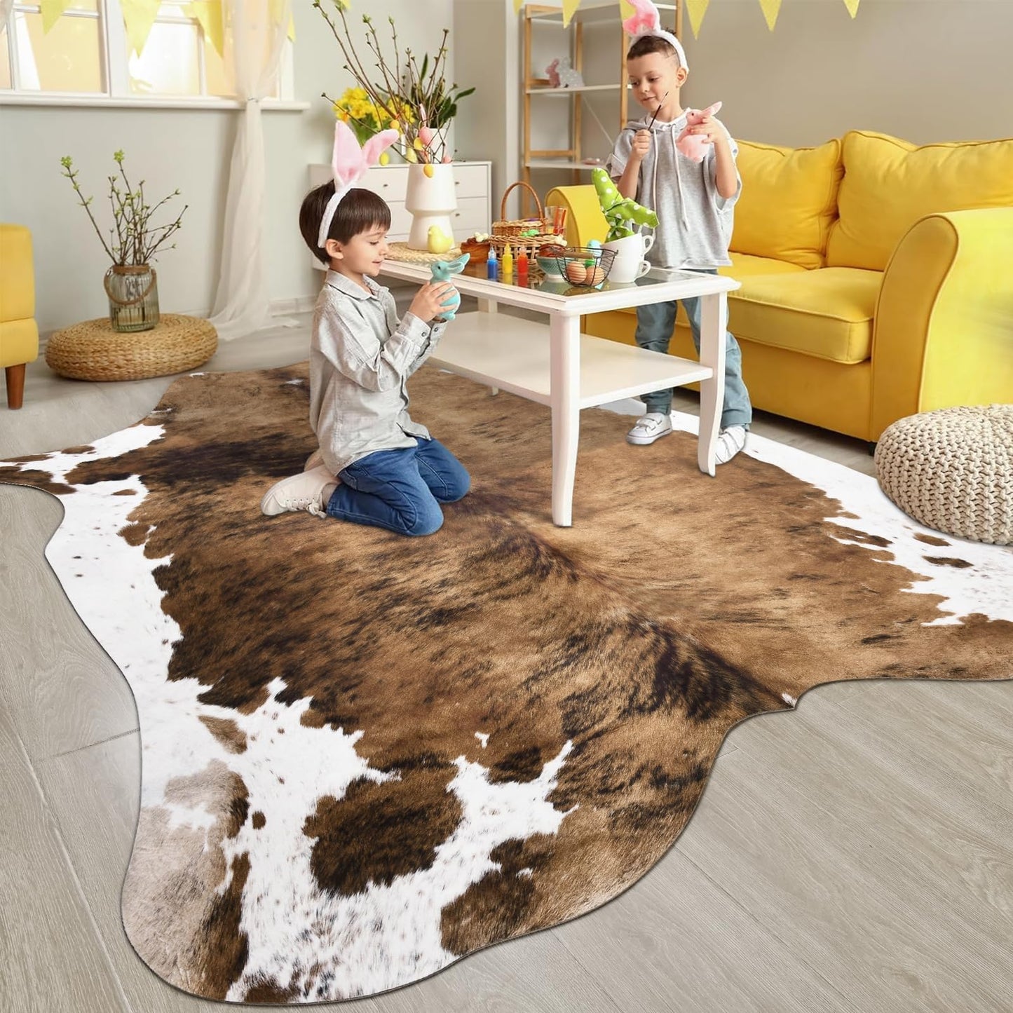 Pettop Luxury Faux Cowhide Rug 4.6x5.2 Feet - Western Cow Print Area Rugs for Living Room, Bedroom, Farmhouse - Premium Western Style Faux Fur Carpet, Non-Slip Animal Hide Throw Rugs (Caramel)