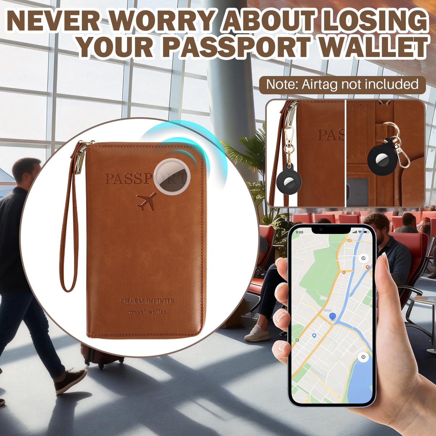 Playexen RFID Blocking Passport Wallet, Anti Theft PU Leather Passport Pouch with Tracker Case, Travel Document Organizer Zipper Wallet with Wrist Strap, Gifts for Women and Men (Brown)