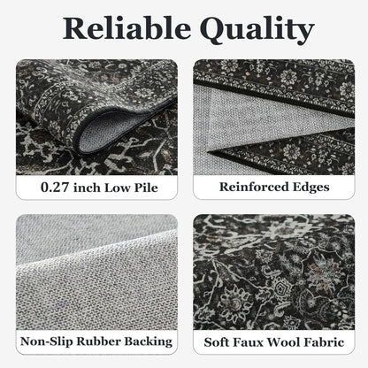 Jainmy Dark Area Rug 6x9, Vintage Earth Tone Rugs for Living Room Bedroom, Washable Non Slip Low Pile Thin Carpet Rug for Dining Room Guest Room Home Office, Farmhouse Distressed Midnight