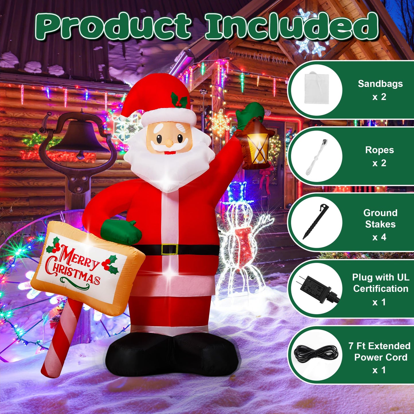 7FT Christmas Inflatables Santa Claus Outdoor Decorations, Blow up Santa Inflatables Holding Lantern & Merry Xmas Sign with Built-in LED Lights, Outdoor Holiday Yard Decor for Garden Lawn Porch