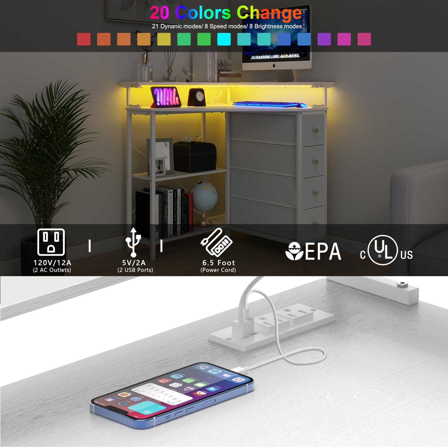 VENNQD Corner Desk with Drawers Shelves for Small Space 90 Degrees Triangle Computer Desk with Power Outlets,Gaming Desk with LED Lights Monitor Stand for Home Office Workstation Writing Table (White)