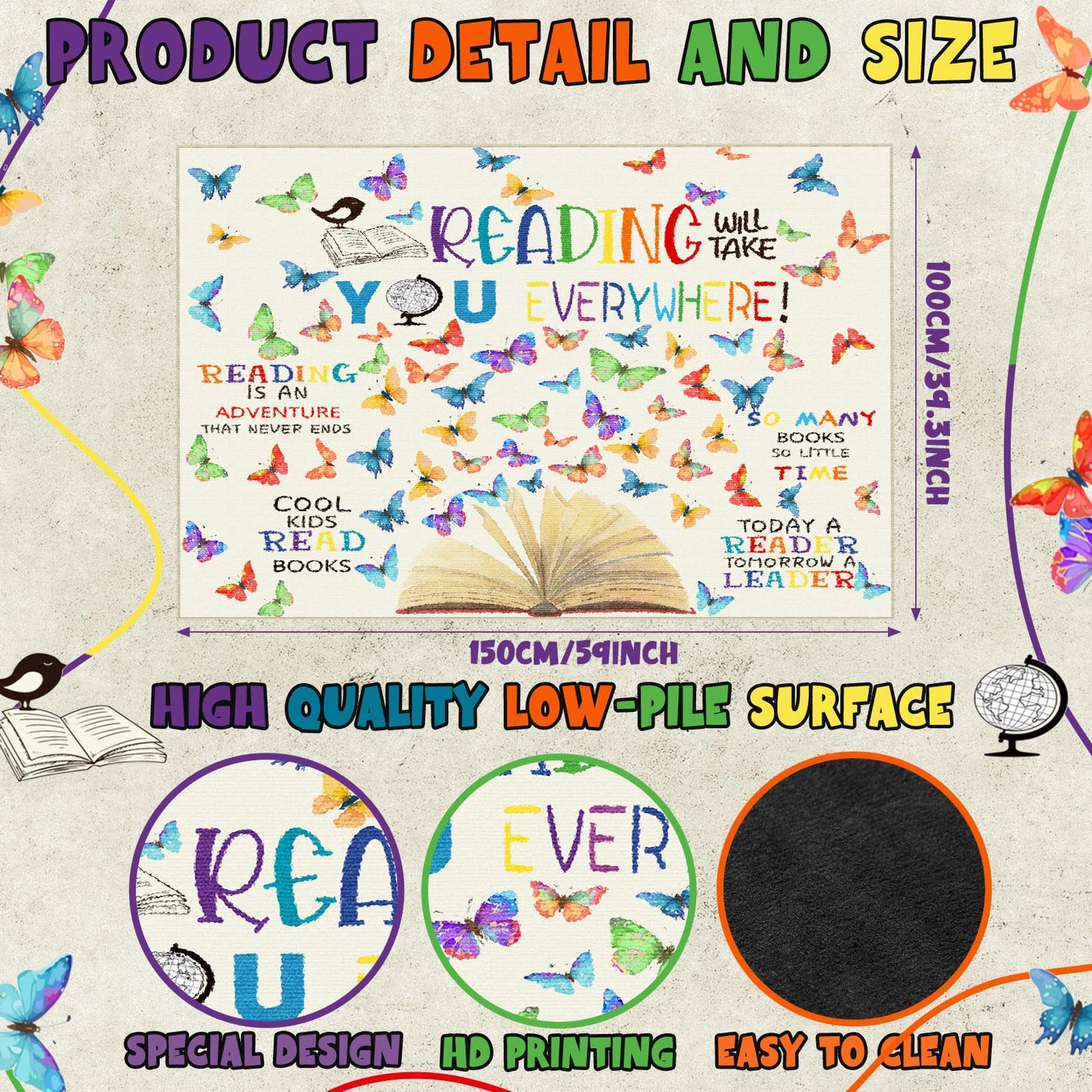 Teenyyou 5 x 3.3 ft Large Classroom Rug Elementary Reading Educational Area Rug Kids Room Children Classroom Carpet Playroom Learning Colorful Square School Decor Seating Carpet 7 Seats
