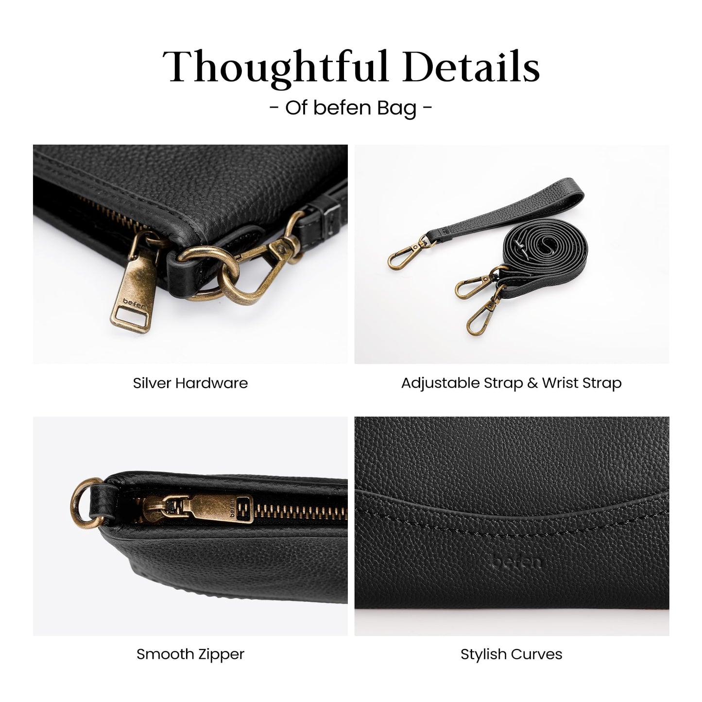 befen Genuine Leather Wristlet Wallets for Women Black Clutch Purse RFID Blocking Small Crossbody Bags Cell Phone Wallet Soft Leather Purse for Travel Women Shoulder Handbag with 2 Removable Straps
