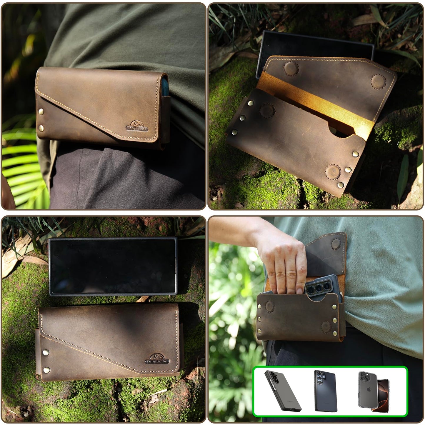 Topstache Leather Phone Holster for iPhone 17 Pro Max/17 Air- Magnetic Closure Belt Clip Cell Phone Case for Galaxy S25 Ultra- Card Holder Belt Pouch for Galaxy Z Fold 7/6/5/4/3, Darkbrown