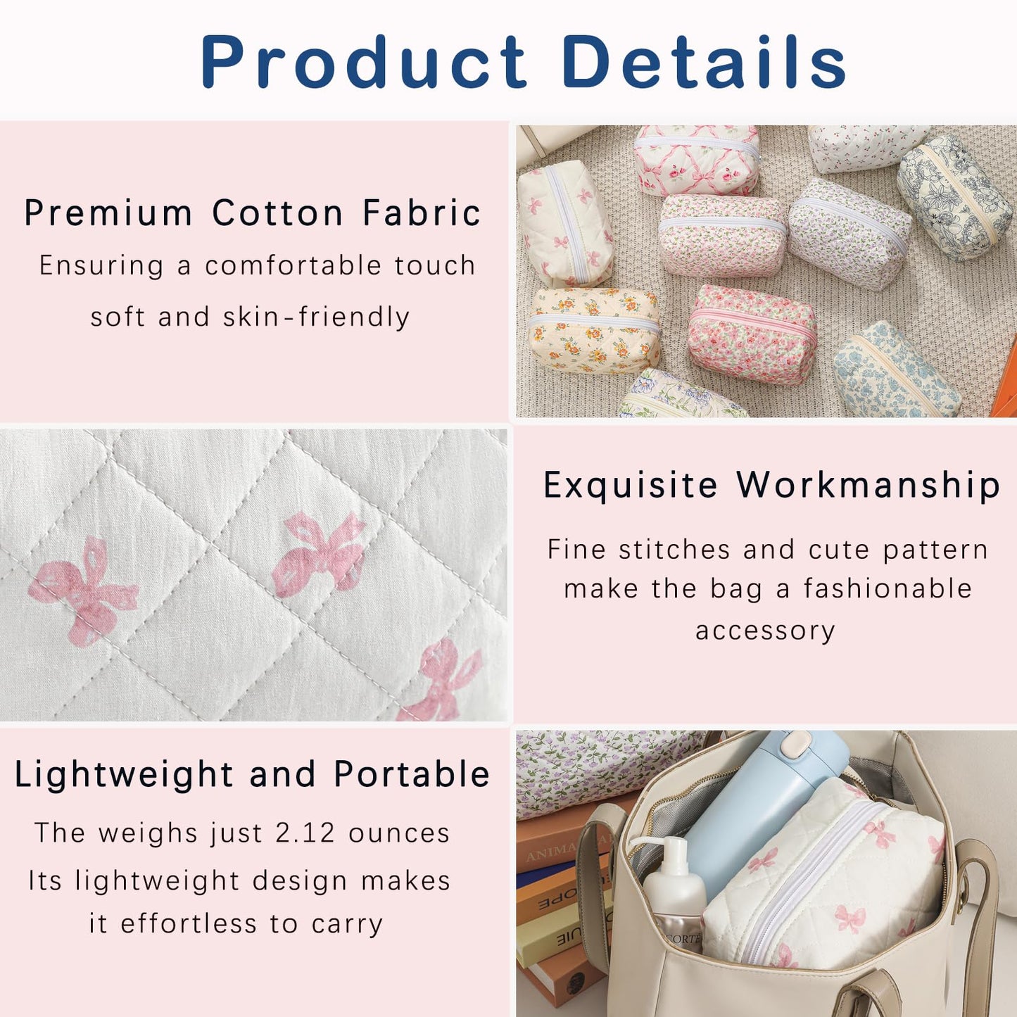 RSRSLEII Small Quilted Cotton Makeup Bag, Cute Floral Cosmetic Bag, Cotton Aesthetic Makeup Pouch, Kawaii Travel Toiletry Bag for Women and Girls (12White Pink Bow)