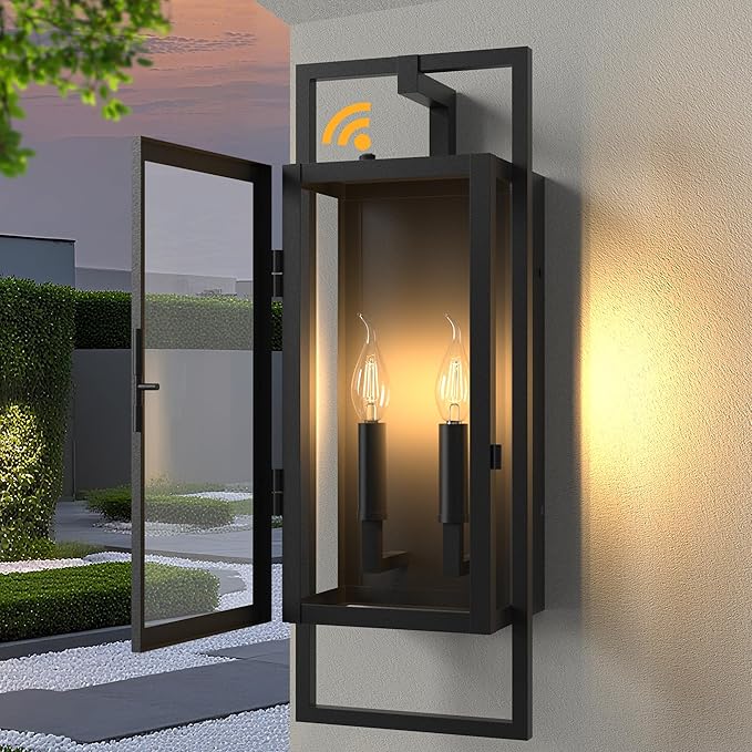 𝟐𝟏.𝟒𝟔𝐈𝐍 Outdoor Light Fixture, Dusk to Dawn Outdoor Lighting 2-Light, Waterproof Outdoor Wall Lights with Tempered Glass, Black Front Open Window Outdoor Lights for House Porch Patio