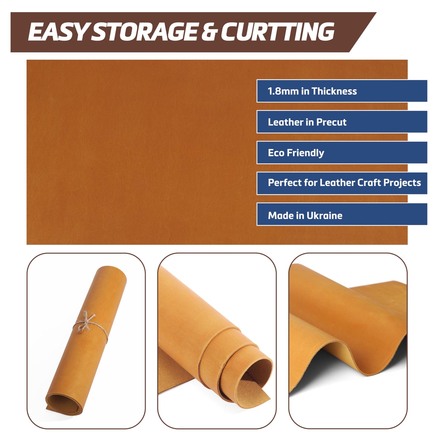 Shkira 12''X24'' Genuine Buckthorn Brown Leather Sheets for Crafts - Square 2.0MM Thick Genuine - Thick Cowhide Pieces Square - Leather Sheet for Arts