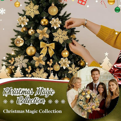 76Pcs Christmas Tree Decorations Set, Gold Assorted Ornaments with Large Shatterproof Plastic Balls, Star Tree Topper, Glitter Berries Stems, Ribbon for Indoor Garland Home Holiday Wedding Decor