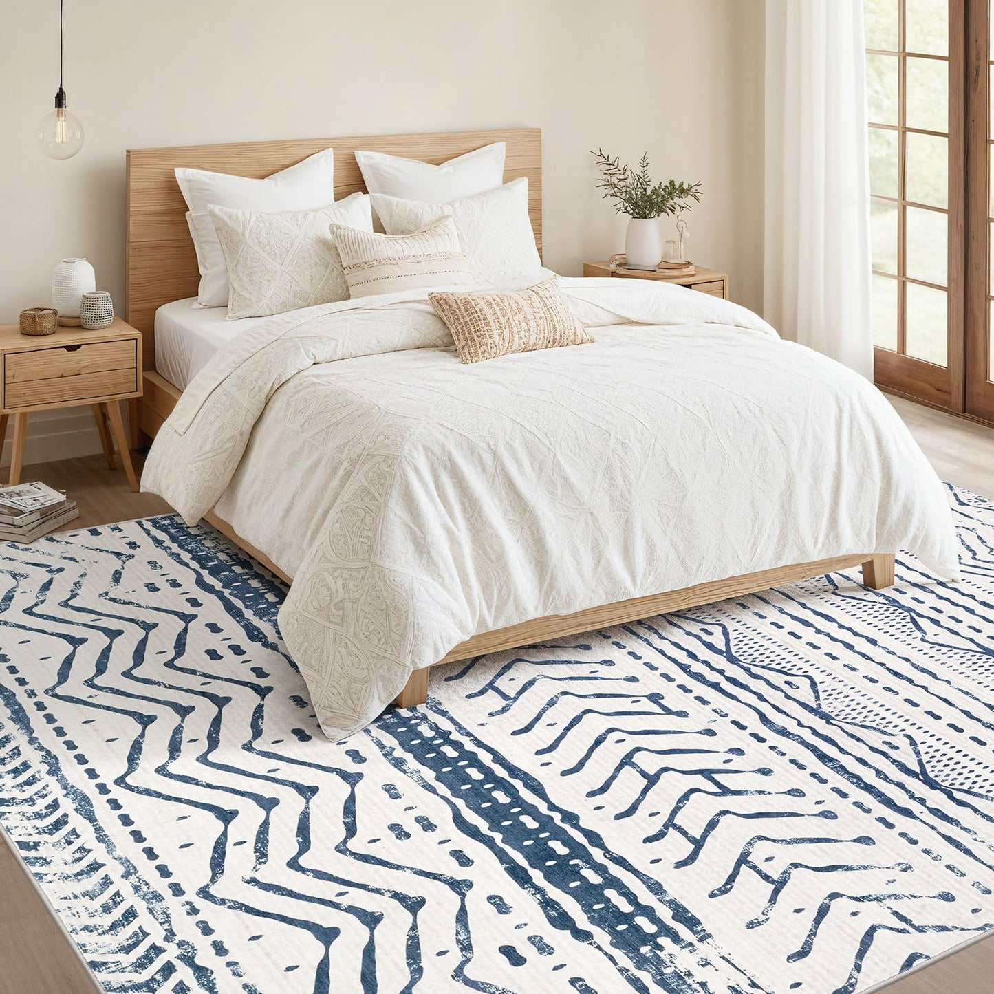 Nakagishi 5x7 Area Rug Living Room: Machine Washable Boho Large Neutral Farmhouse Stain Resistant Indoor Floor Rugs Moroccan Carpet for Bedroom Nursery Dorm Classroom Playroom Dining Room- Navy Blue