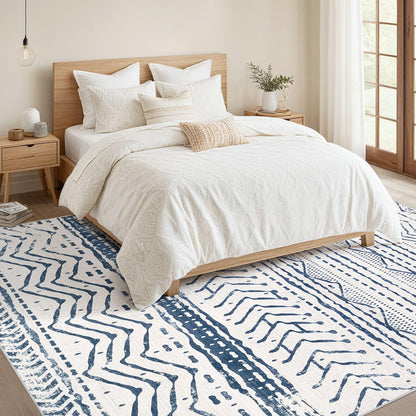 Nakagishi 5x7 Area Rug Living Room: Machine Washable Boho Large Neutral Farmhouse Stain Resistant Indoor Floor Rugs Moroccan Carpet for Bedroom Nursery Dorm Classroom Playroom Dining Room- Navy Blue