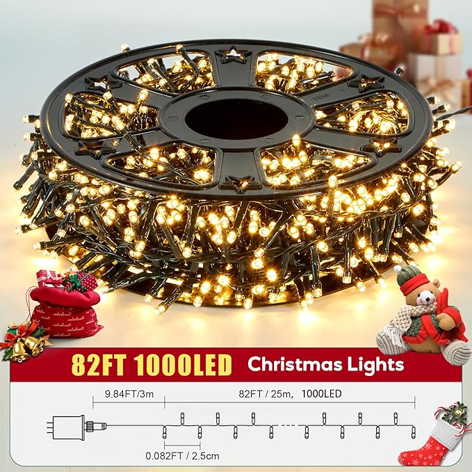 Hishine Outdoor Christmas Lights 82FT 1000LED, String Lights Indoor 8 Modes Waterproof Plug in Christmas Tree Light for Holiday, Warm White