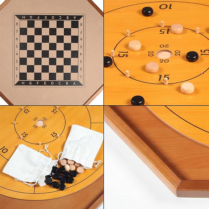 Crokinole and Checkers 27-Inch Classic Crokinole Board Game with 22 Playing Surface Canadian Heritage Tabletop Game for Two Players Dexterity Krokinole Games Great for Families and Friends