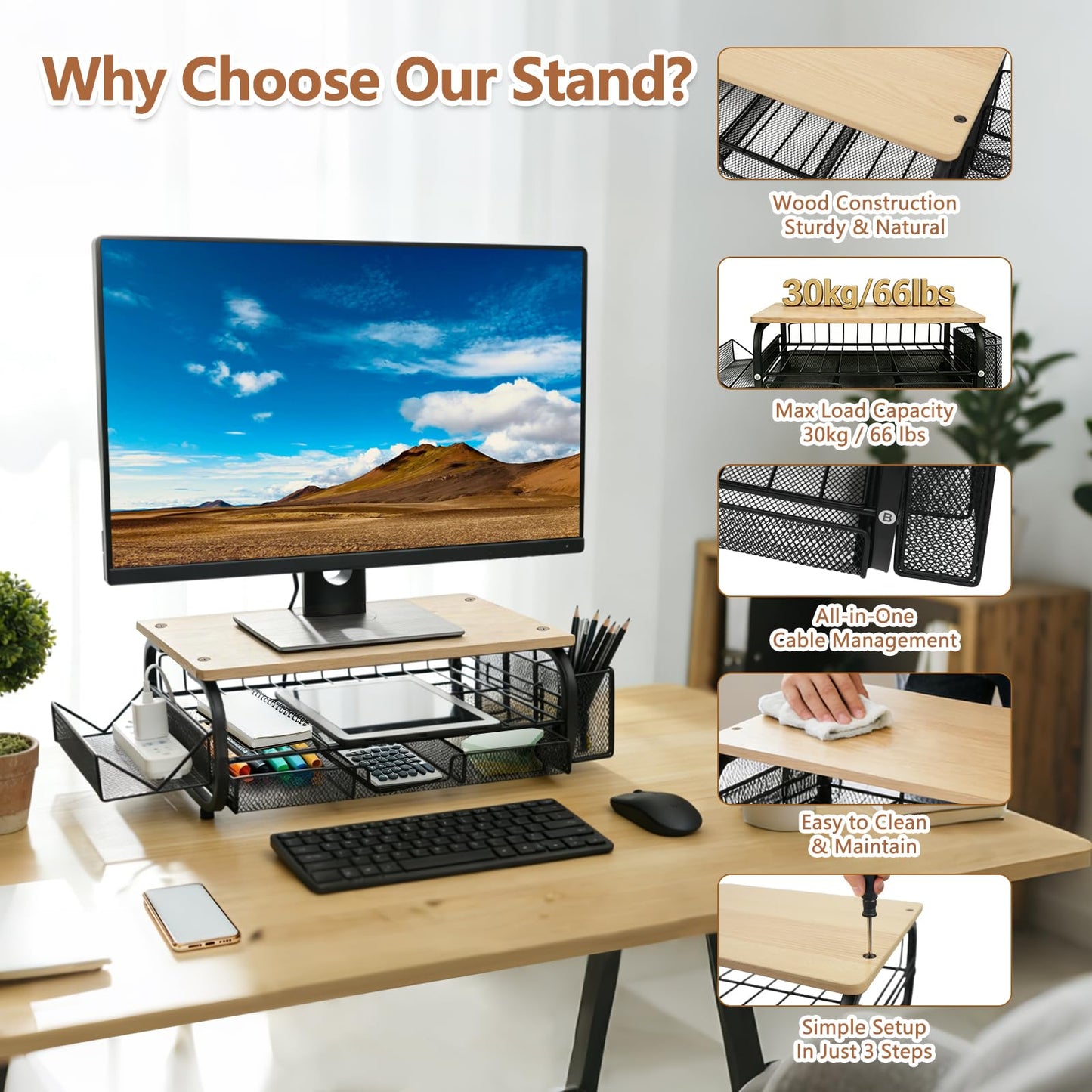 Bingyouth Desk Organizers and Accessories Monitor Riser, Monitor Stand with Drawer (2-Tier Drawers) with Large Side Storage Rack & Cable Management,66LBS/30KG, Office Organization, Oak