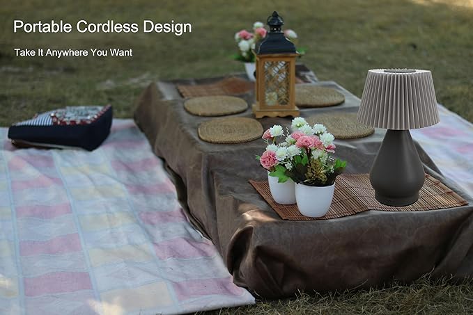 Modern Cordless Table Lamp Rechargeable, Portable LED Desk Lamp,Touch Control 3 Colors Stepless Dimming with Pleated Lampshade for Restaurant, Bedroom, Office,Outdoor Camping, Night Light (Gray)