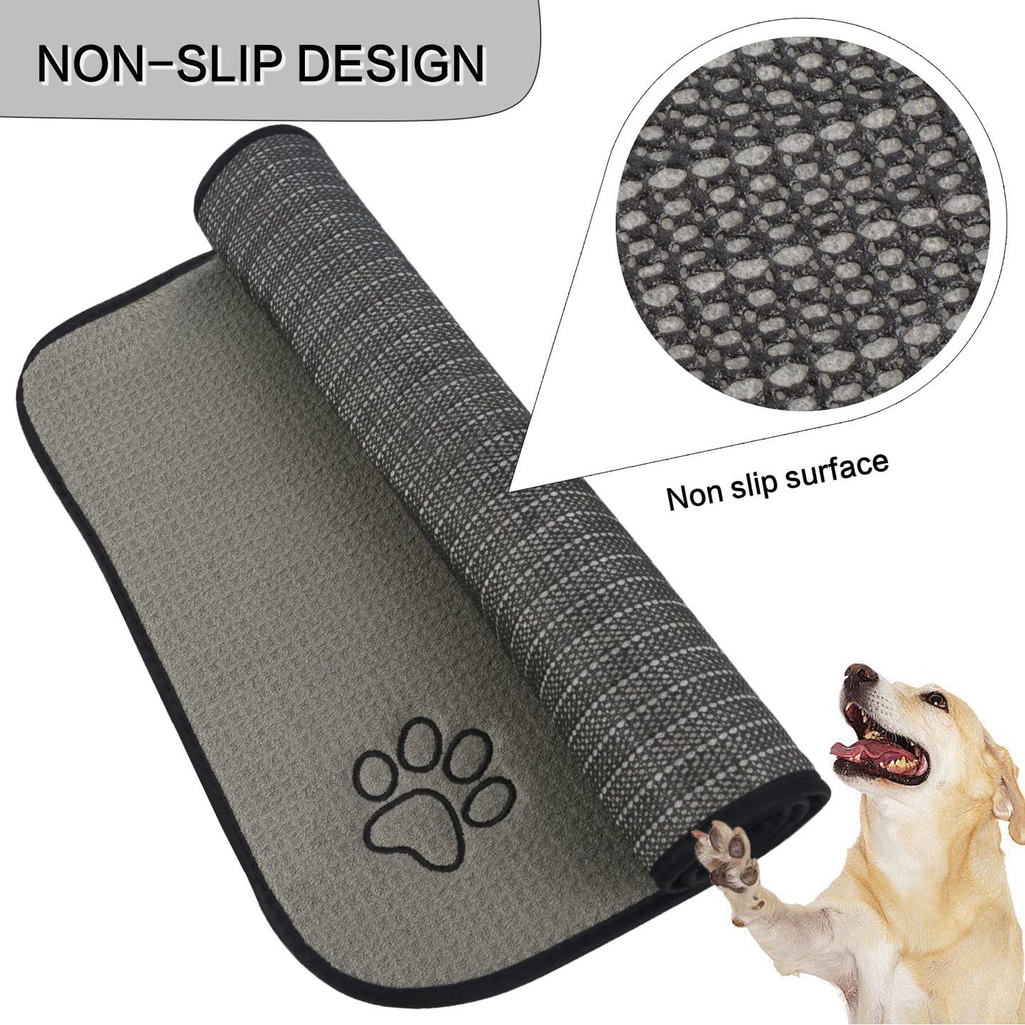 SINLAND Microfiber Pet Bowl Mat Dog Cats Feeding Mats for Food and Water Dish Drying Mat with Anti-Skid Backing 14.2Inch x 24Inch Grey