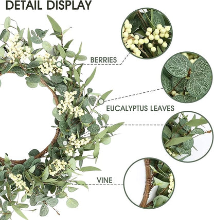 Pinkpum 16'' Eucalyptus Wreath for Front Door, Porch, Window - Green Decor for Home, Farmhouse - Spring, Summer, Fall, All Seasons