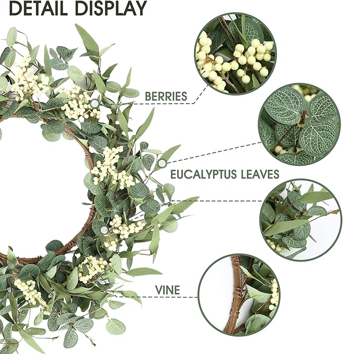 Pinkpum 20'' Eucalyptus Wreath for Front Door, Porch, Window - Green Decor for Home, Farmhouse - Spring, Summer, Fall, All Seasons