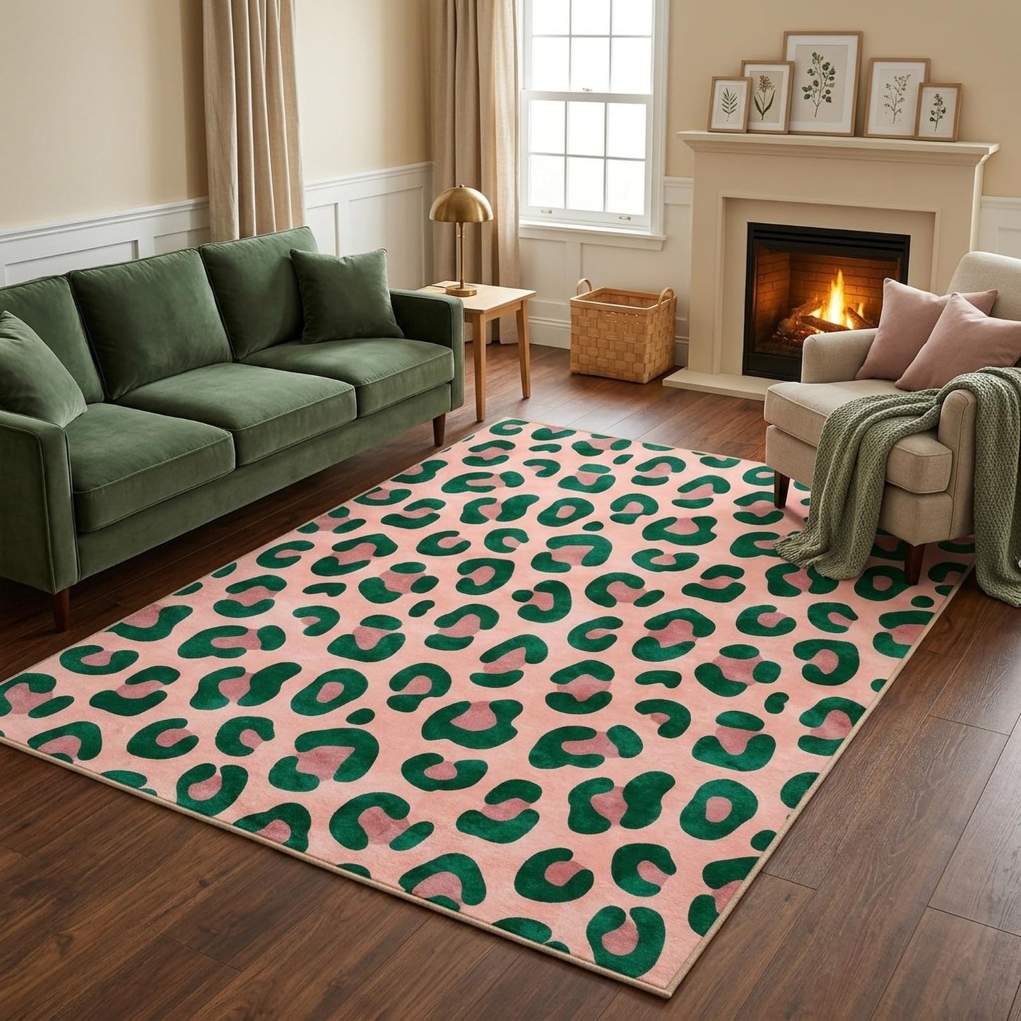 BreezeRise 5x7 Area Rug for Living Room，Modern Abstract Boho Pink and Green Leopard Print Non-Slip Washable Bedroom,Dining Room