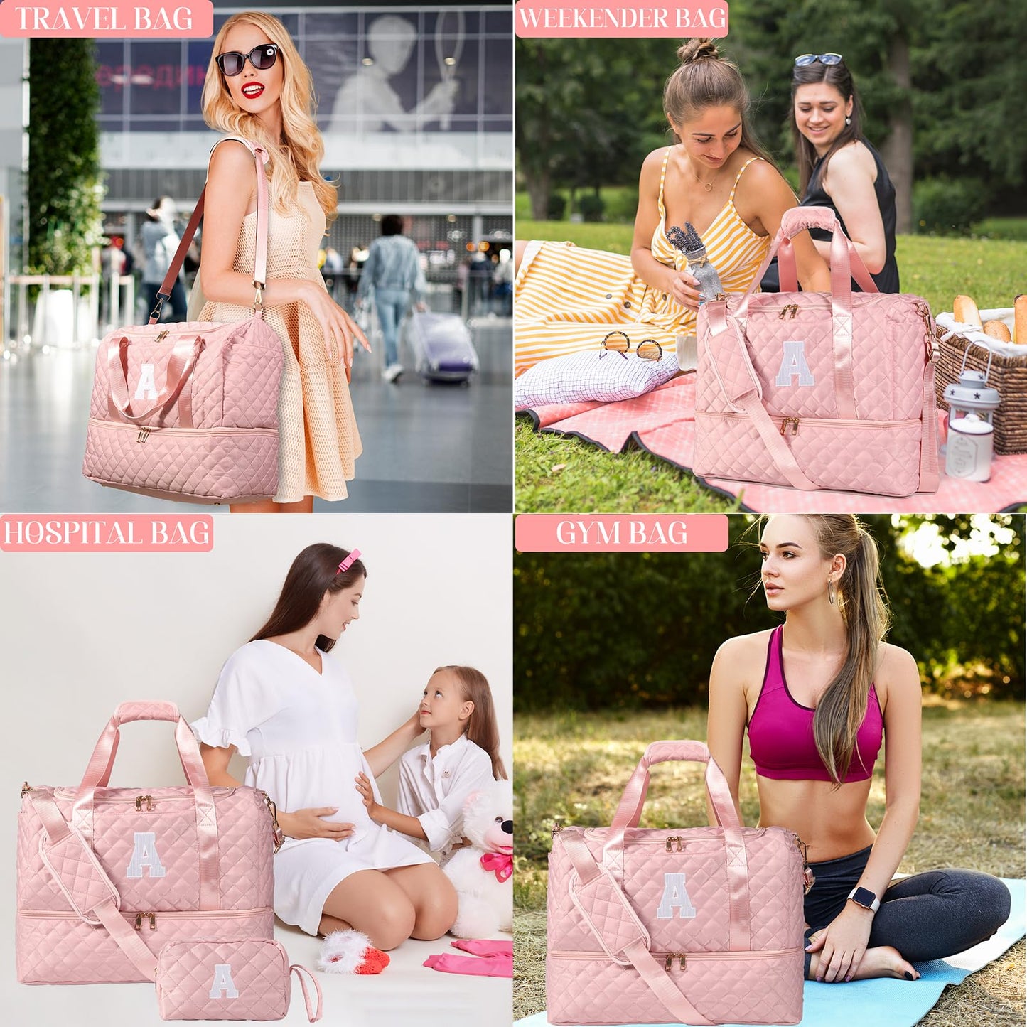 Personalized Initial Travel Bag, Quilted Duffle Bag, Weekender Bag for Women with Cosmetic Bag, Gym Bag with Shoe Compartment, Carry on Overnight Bag, Hospital Bag for Labor Delivery (Pink, A)