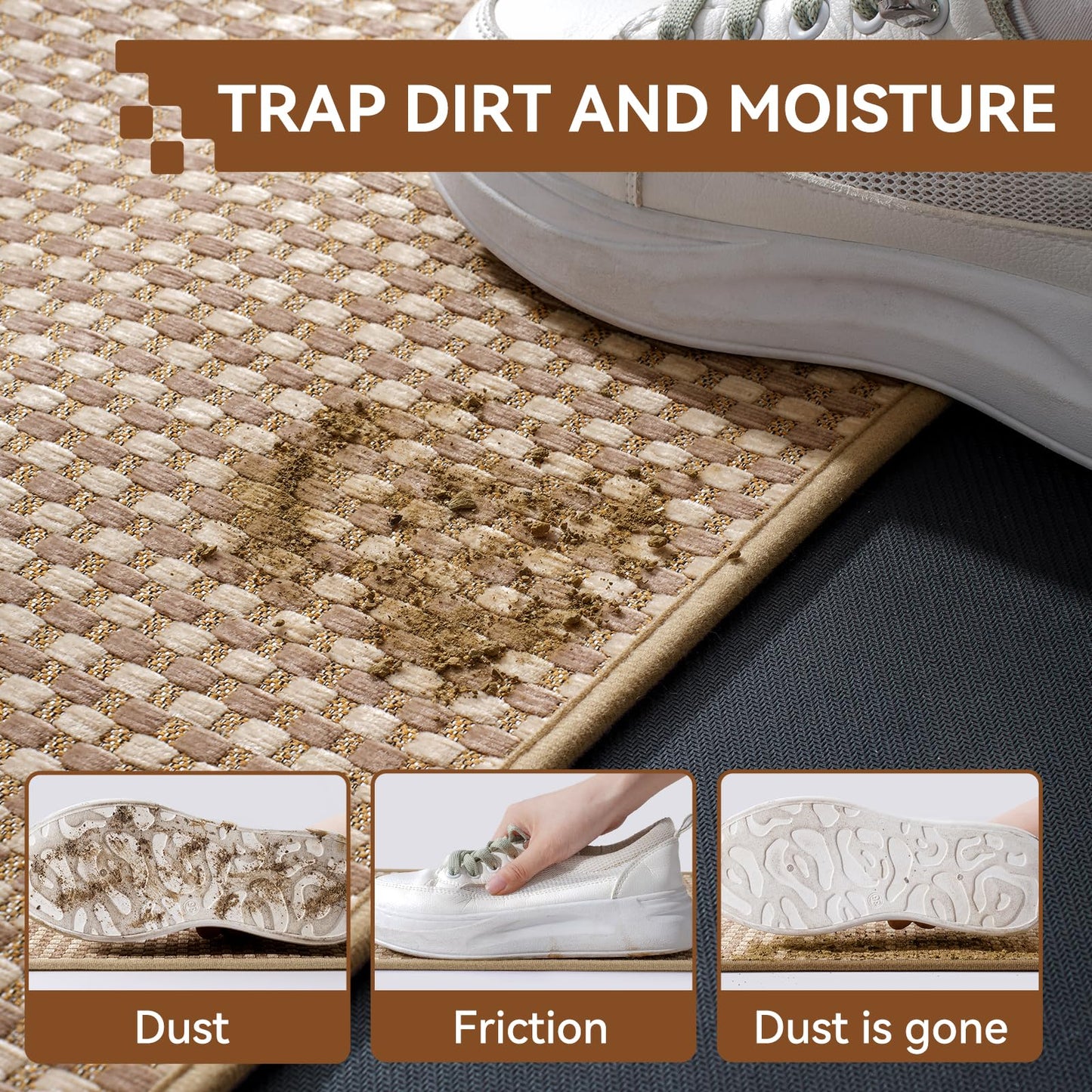 QiCaiJia Front Door Mat 17''x30'', Absorbent Dirt Resist Washable Non Slip Low-Profile Indoor Doormat, Easy Clean Entryway Welcome Door Mats, Brown