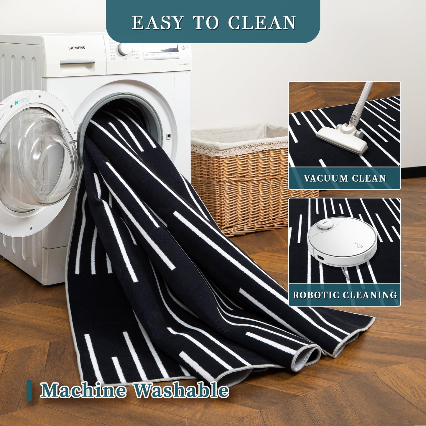 YIHOUSE Abstract Washable Rug 5x7,Ultra Thin Non Slip Black Rugs for Living Room,Modern Minimalist White Stripe Rugs for Bedroom,Dining Room Office Playroom (5'x7',Black-3)