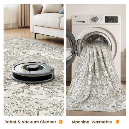 Area Rugs for Living Room - 9x12, Boho Non-Slip Low Pile Carpet Machine Washable Rugs for Bedroom, Farmhouse, Office, Dining Room (Beige)