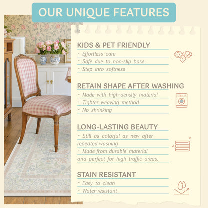 Washable Blue and Pink Rug 5x7 - Baby Girls Nursery Rug Non Slip, Soft Pastel Kids Playroom Decor Carpet, Light Blue and Green Oushak Floral Bedroom Living Room Dorm Carpet (Green and Pink)