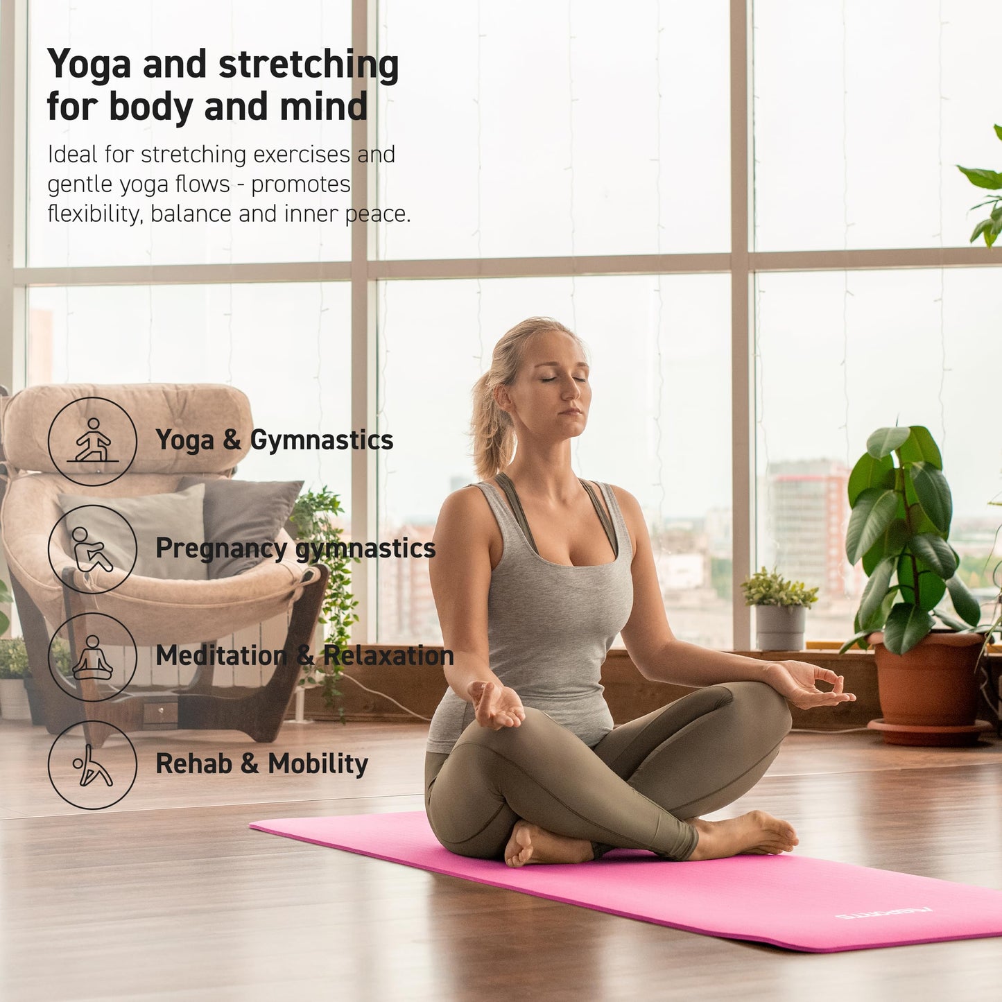 MSPORTS Thick Yoga Mat Non Slip – Extra Comfortable Exercise Mat for Home Workouts, Pilates, Stretching & Gym – Cushioned NBR Foam, Yoga Mat with Strap, for Women & Men (Pink, 74.5 x 40 x 0.6 in)
