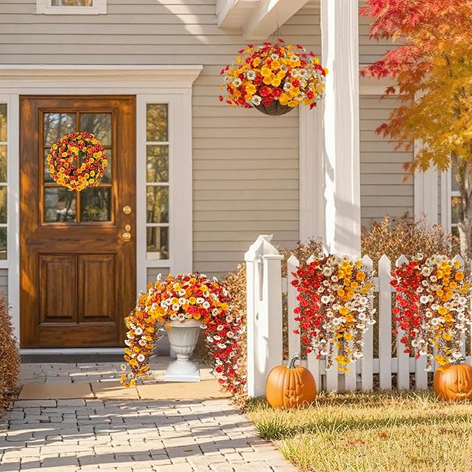 Artificial Fall Flowers with Hanging Baskets Outdoors, Faux mums for Outdoor planters, Fake Mums Petunia Artificial Hanging Plants UV Resistant for Autumn Porch Garden Home Yard Decor (Early Harvest)