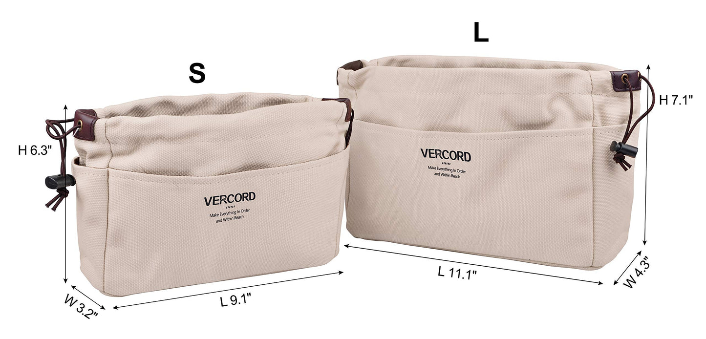 Vercord Canvas Handbag Organizers, Sturdy Purse Insert Organizer Bag in Bag, 10 Pockets Beige Small