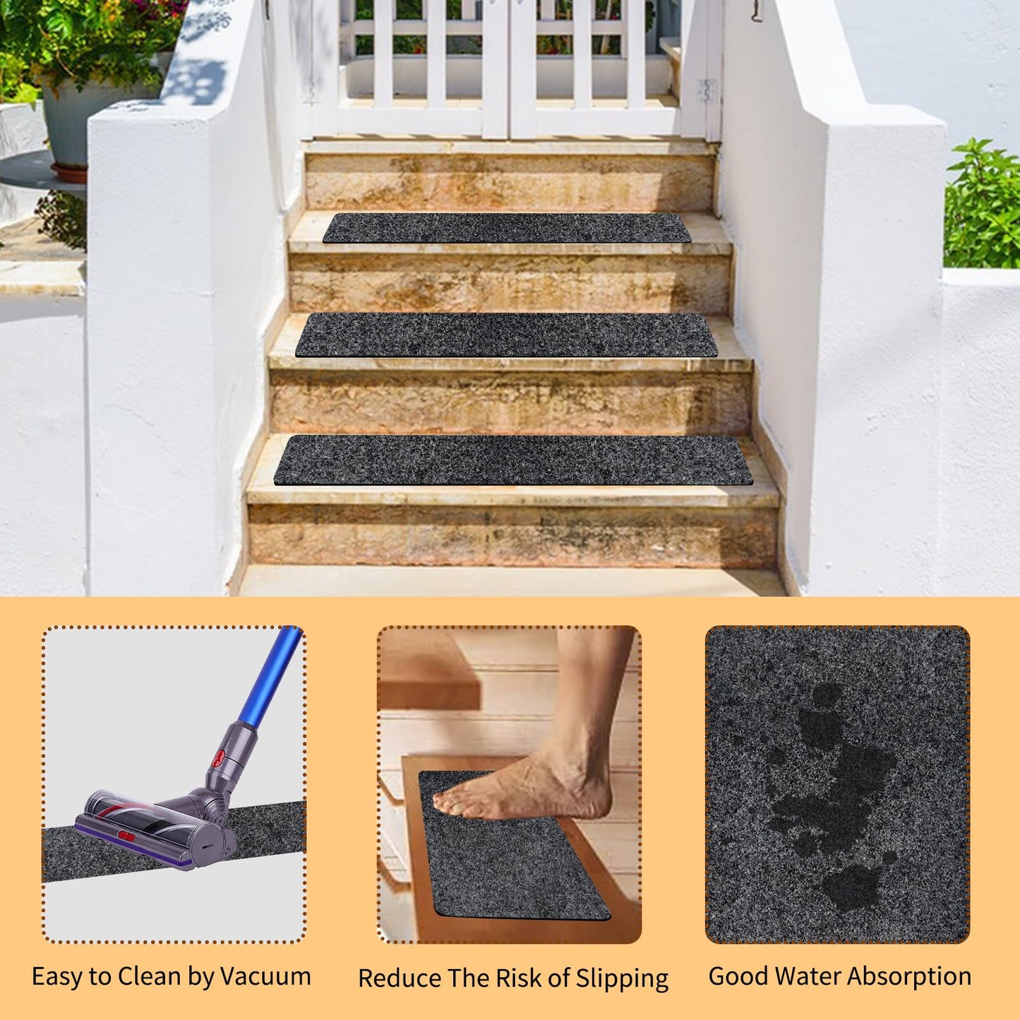 LYMOI 10 Pack Non-Slip Stair Treads for Wooden Steps, 6''x30'' Stair Carpet Treads Outdoor, Peel and Stick Stair Treads, Indoor Stair Runner Mats for Kids Elders & Pets with Reusable Adhesive
