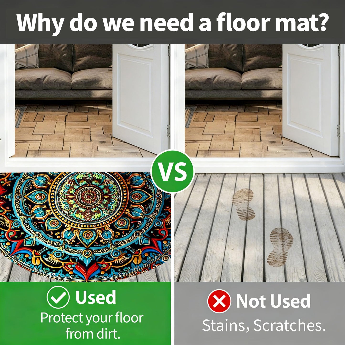 Half Circle Door Mat 24"x36" Non-Slip Washable Welcome Mat, Bohemian Mandala Style Low Profile Front Door Mat Semicircular Entrance Doormat, Dirt Trapper Floor Mat for Indoor Outdoor Entryway Patio