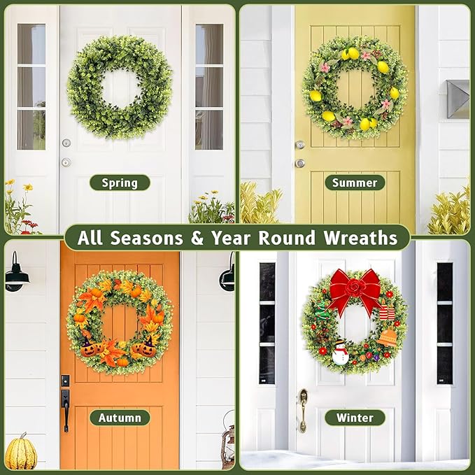 Christmas Boxwood Wreath Door Wreath 16-18In Christmas Door Wreaths for Front DoorWreath Winter Spring Summer Indoor OutdoorWreath Farmhouse Artificial Greenery Wreaths Home Decoraction