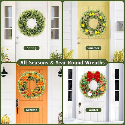 24 Inch Large Boxwoods Green Spring Artificial Wreath for Front Door, Year Round Spring Summer Winter Wreaths for Wall Window Porch Home Farmhouse Wedding Outdoor Outside Indoor Decorations