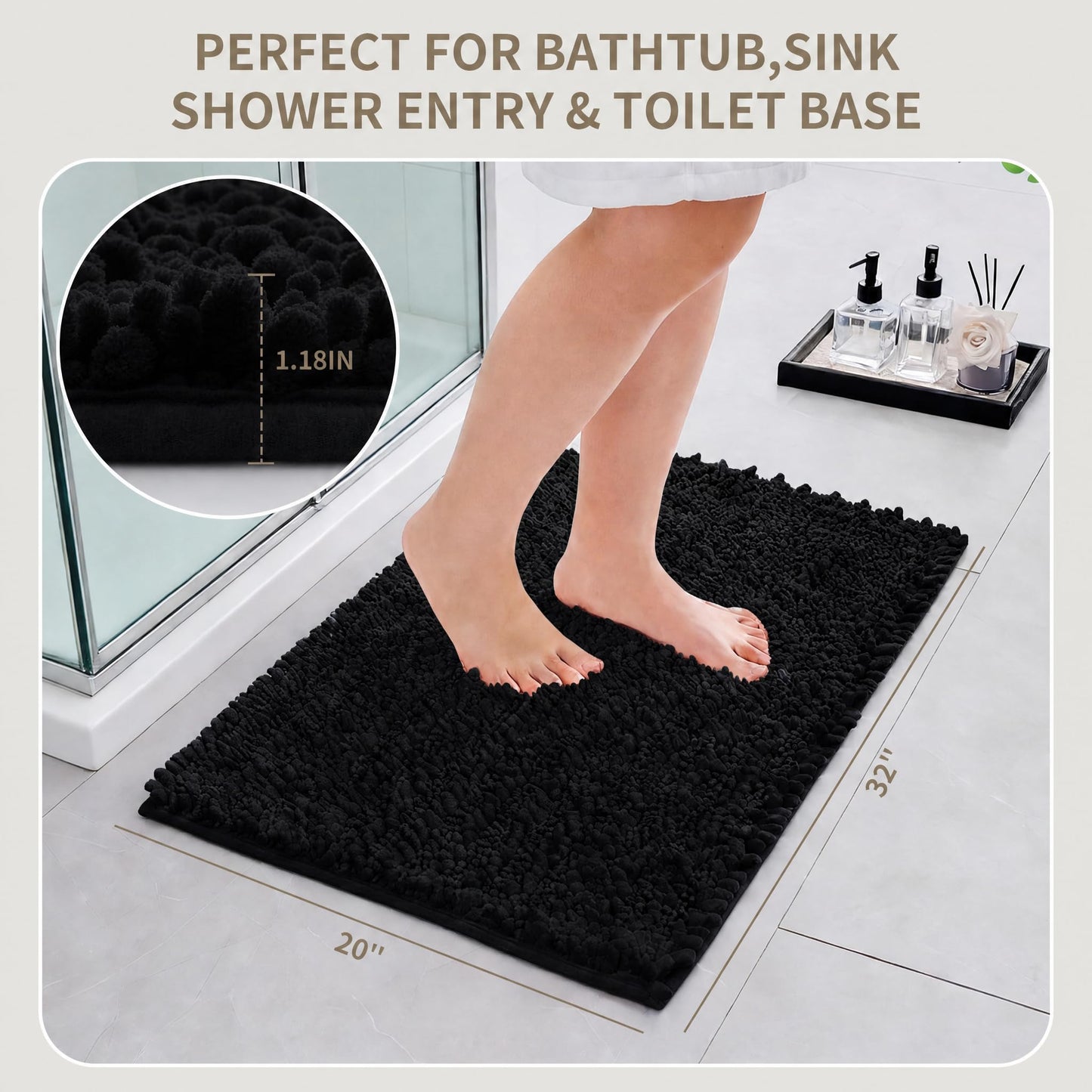 Ruggnovea Bathroom Rugs Non Slip Washable 32x20, Extra Thick Soft Chenille Absorbent Bath Mat, High Density Barrier Non Slip Backing, Quick Dry Plush Shaggy Floor Carpet for Tub&Shower, Black