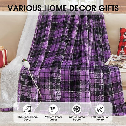 Heated Blanket Electric Throw, 50X60, Heating Throw with 10 Heating Levels & 8 Hours Auto Off, Purple Plaid Checkered Sherpa Blanket Warmer for Couch Bed Office, Gifts for Mom Women Grandma Home Decor