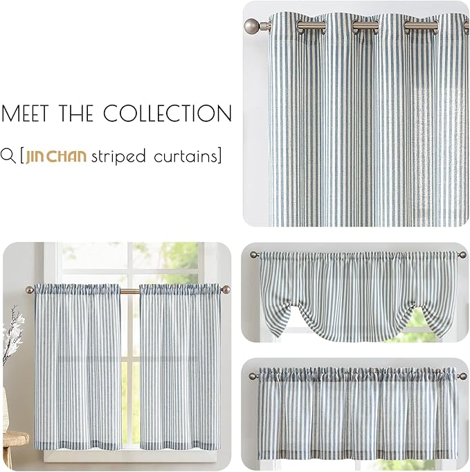 jinchan Tie Top Linen Kitchen Curtains 24 Inches Striped Tier Curtains Farmhouse Modern Cafe Style Small Window Treatments Airy Light Filtering Rod Pocket for Living Room Bathroom 2 Panels Blue