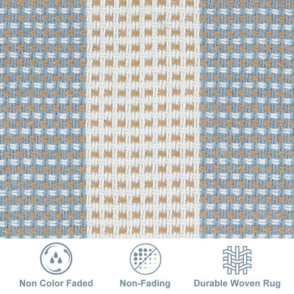 LEEVAN Striped Outdoor Rug 4x6, Washable Front Porch Rug, Spring Plaid Door Mats Outside Entrance, Blue White and Tan Entryway Floor Mat, Buffalo Woven Patio Layered Mat for Entrance/Deck/Camping