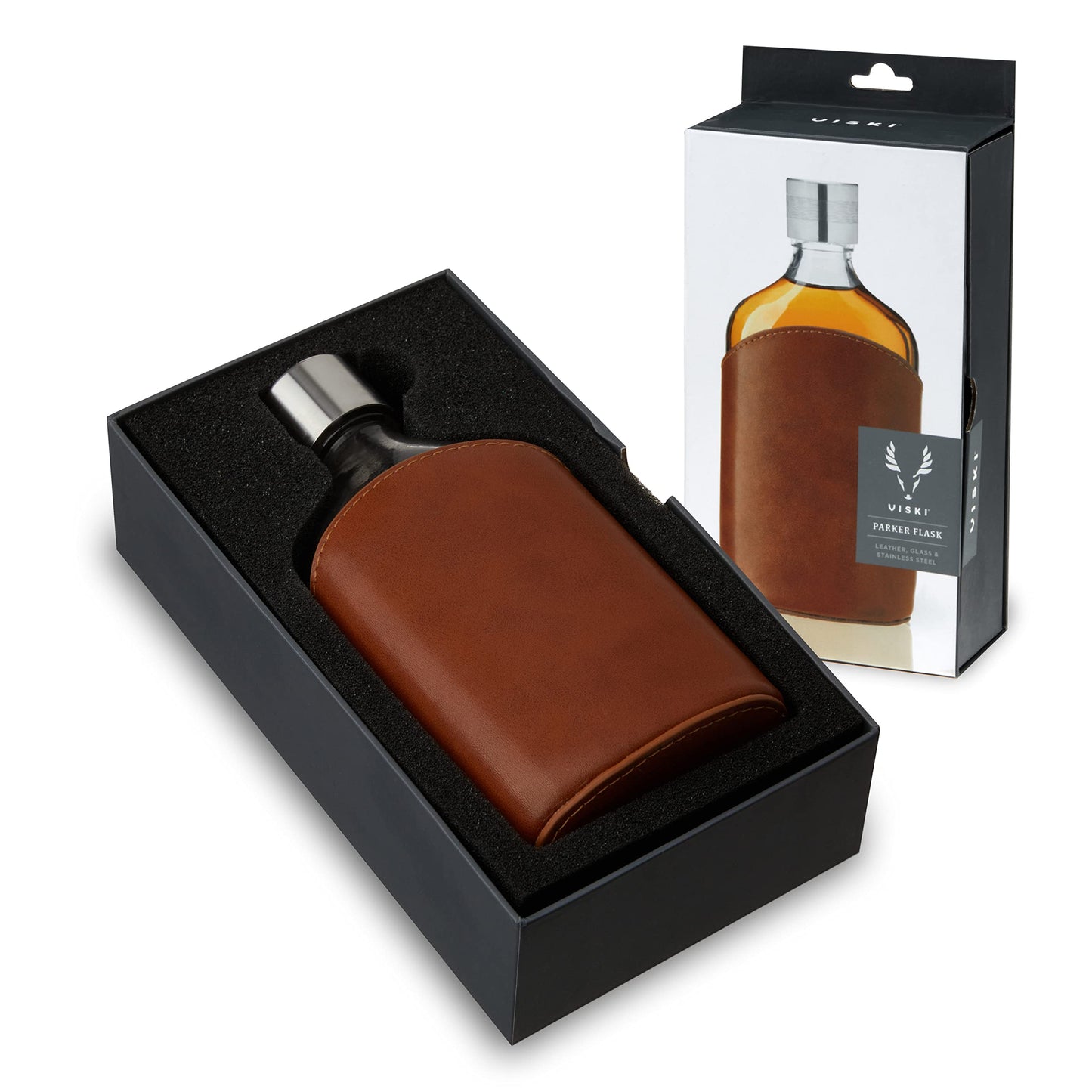 Viski Admiral Parker Glass Flask for Men, Elegant Leakproof Hip Flask with Leather Sleeve for Whiskey, Vodka, Gifts for Men, Groomsmen Gifts, Travel, Camping, Outdoor Adventure, 7 oz, Set of 1