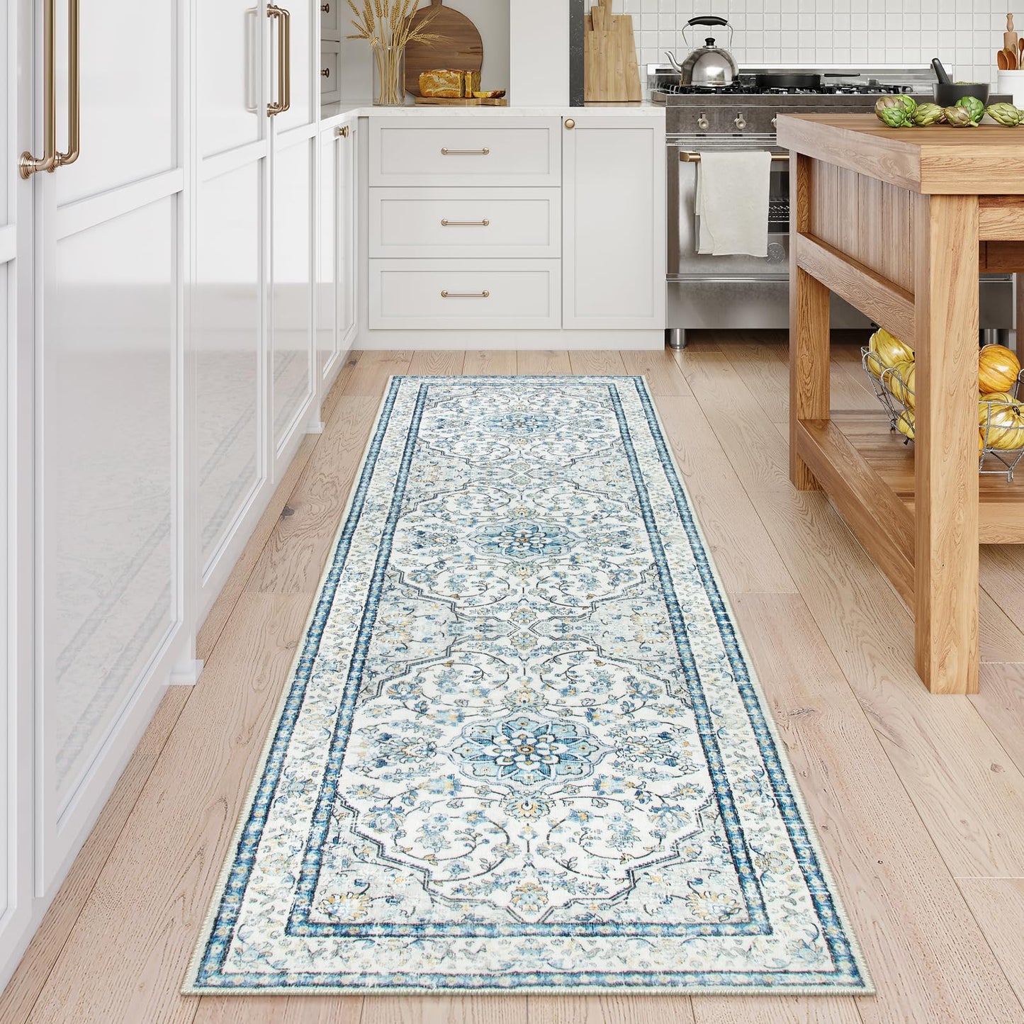 Lahome Oriental Washable Runner Rugs,2.5x8 Long Blue Bathroom Rugs Runner Non-Slip,Kitchen Runner Rugs Non Skid Washable,Traditional Low-Pile Wide Carpet Runner for Entryway Hallway Helena,8ft