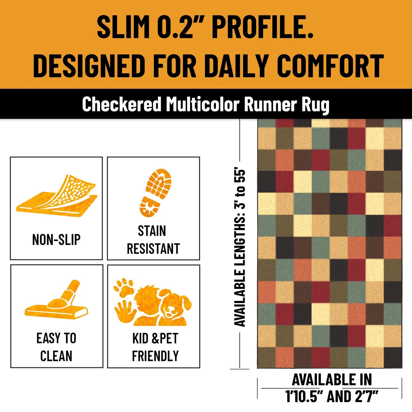 Ottomanson Accent Rug – Non Slip Low Pile Small Rug for Entryway, Bedroom, Bedside & Coffee Table Areas, 2'7" x 4', Checkered Multicolor