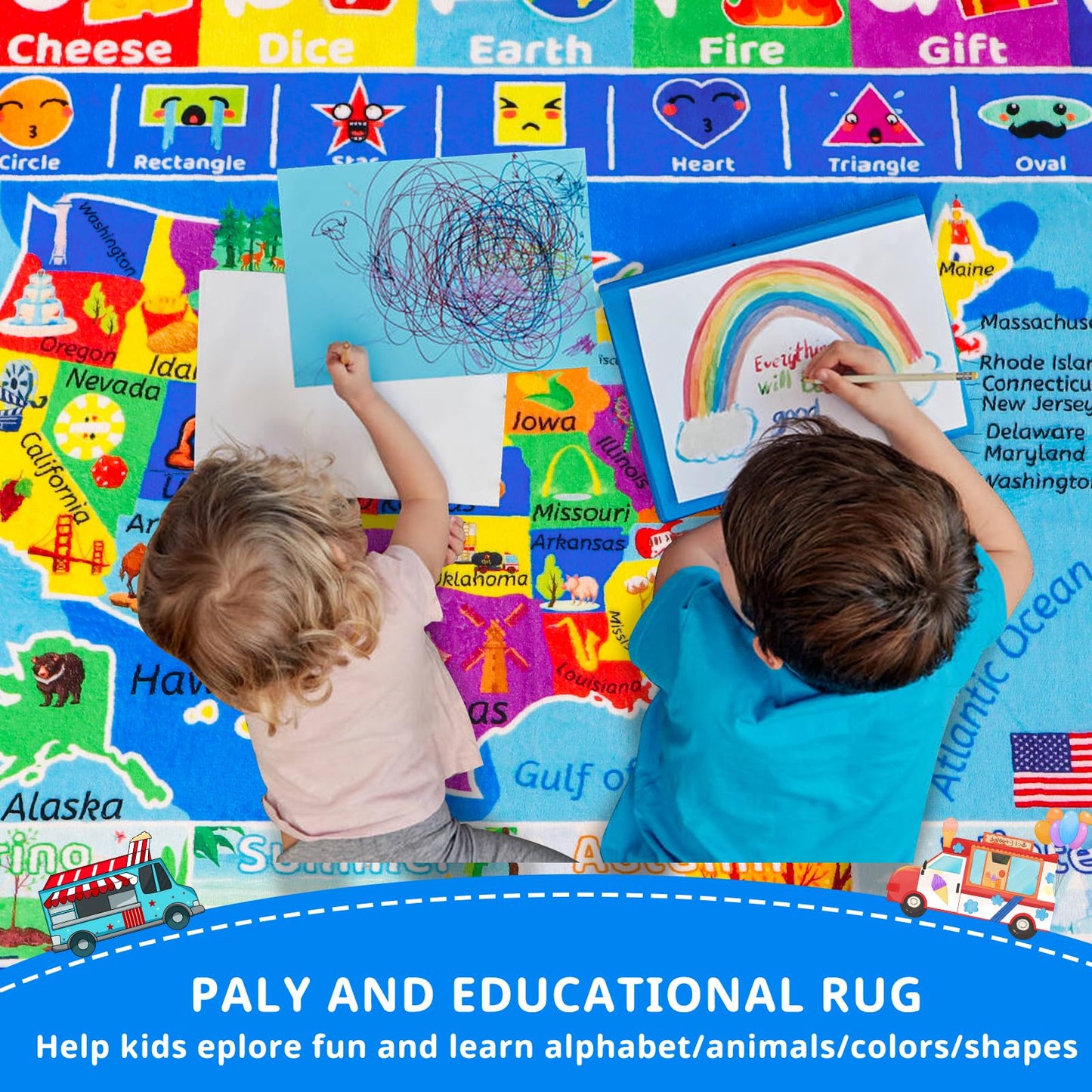 LTKOUGFAM USA Map ABC Kid Rug for Playroom 59"×39.4" Geography Classroom Play Rug Educational Kids Playmat Alphabet Mat State Symbols, ABC Letters, Numbers, Seasons&Shapes Non-Slip Preschool Playmat